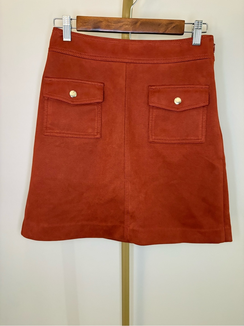 LOFT Rust Faux Suede A-Line Mini Skirt with Front Utility Pockets